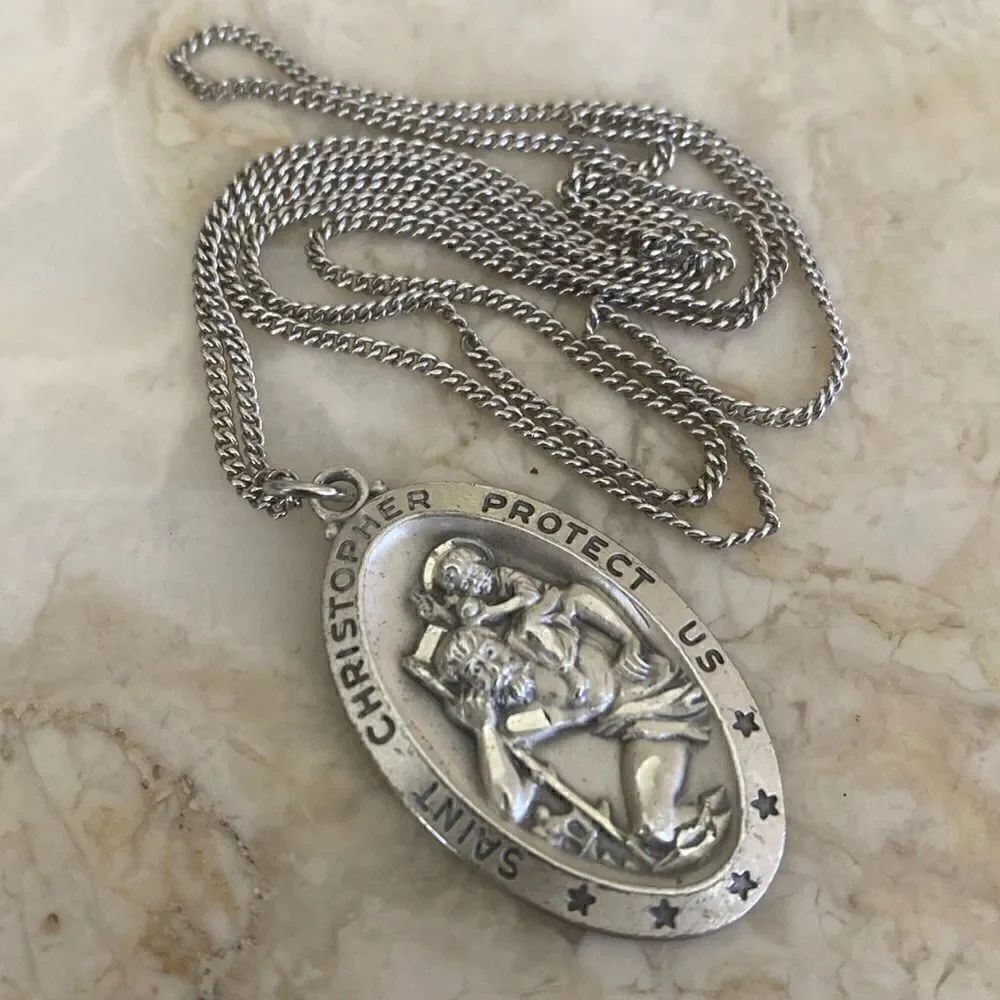 Sterling Silver St. Christopher Religious Medal 24” Sterling Silver Curb Chain